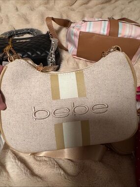 bebe Pink Canvas Crossbody with Tan Stripe Accents